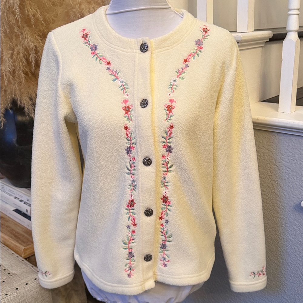 L.L. Bean Cream Floral Embroidered Button Front Cardigan